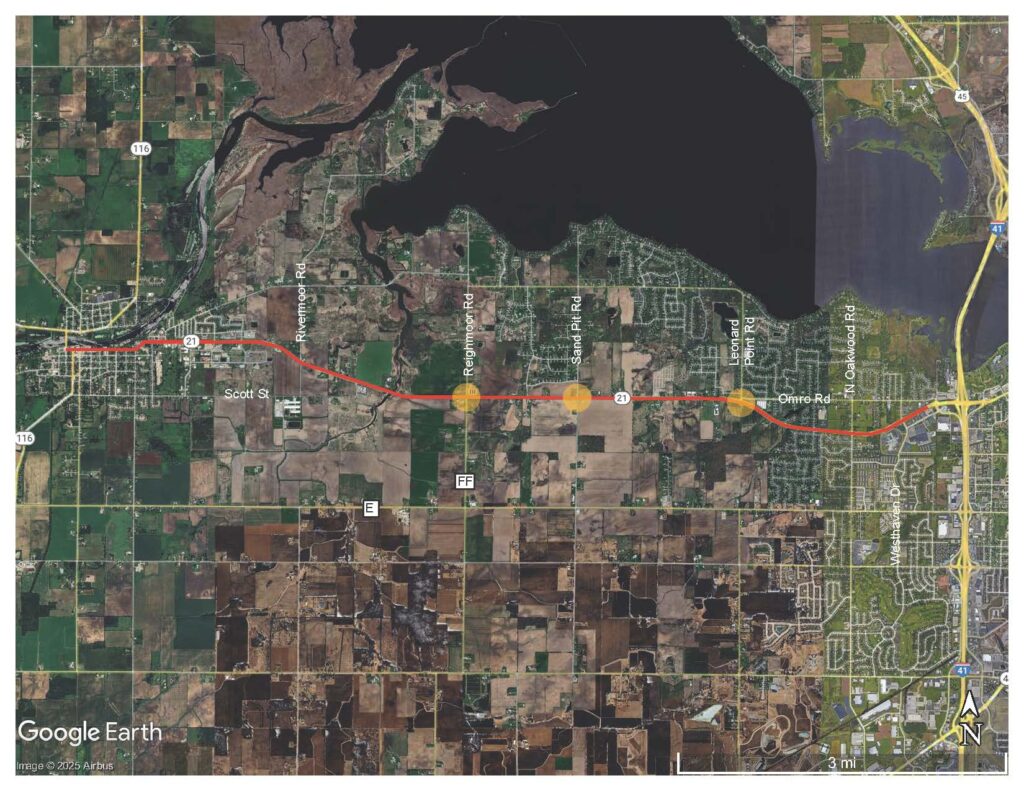 Map of WIS 21 between Oshkosh and Omro, WI