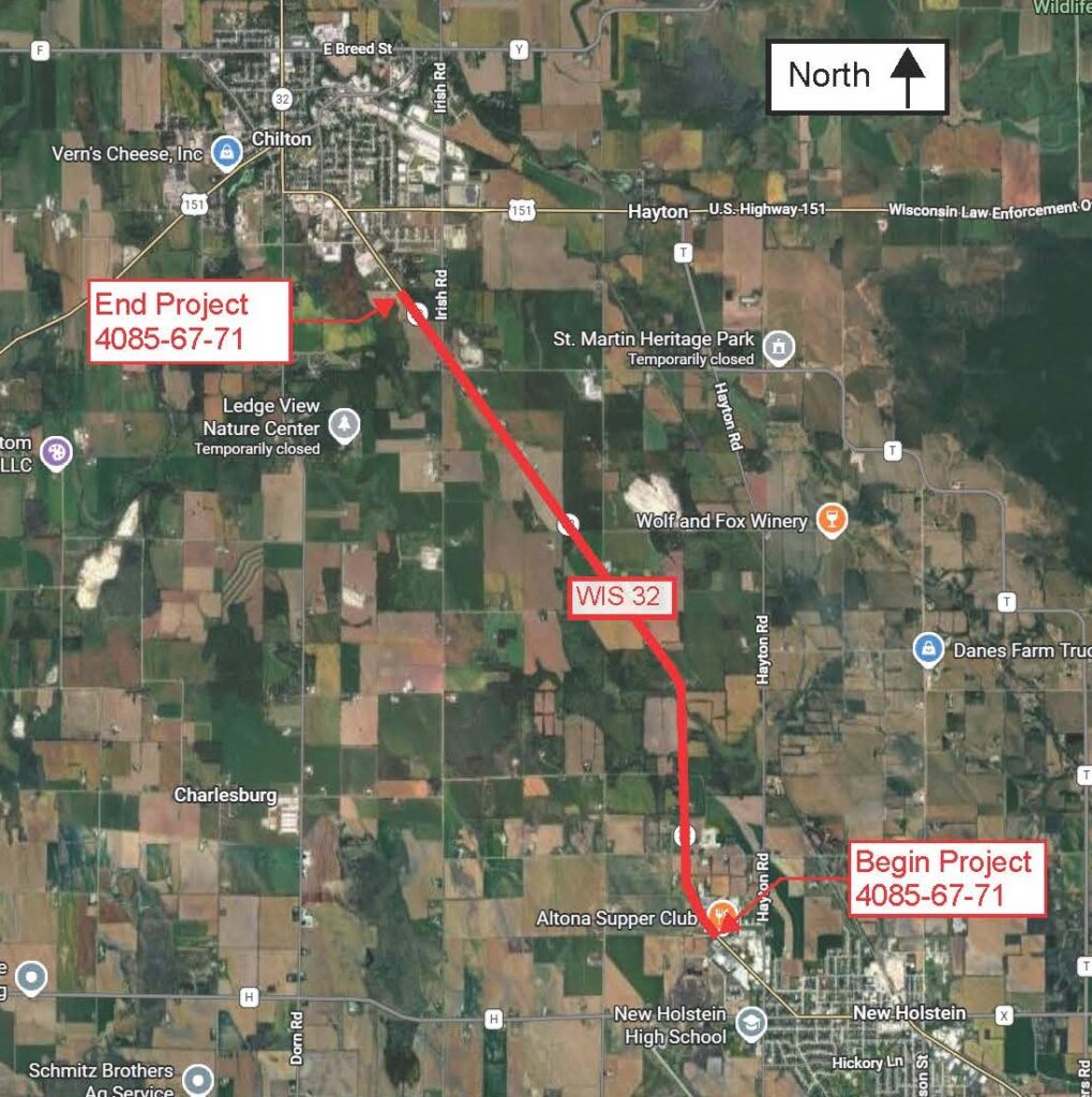 Project location map. WIS 32 from Irish Road in town of Charlestown to Ford Drive in town of New Holstein
