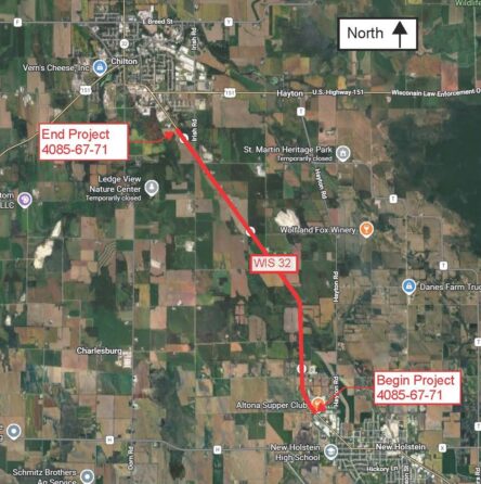 Project location map. WIS 32 from Irish Road in town of Charlestown to Ford Drive in town of New Holstein