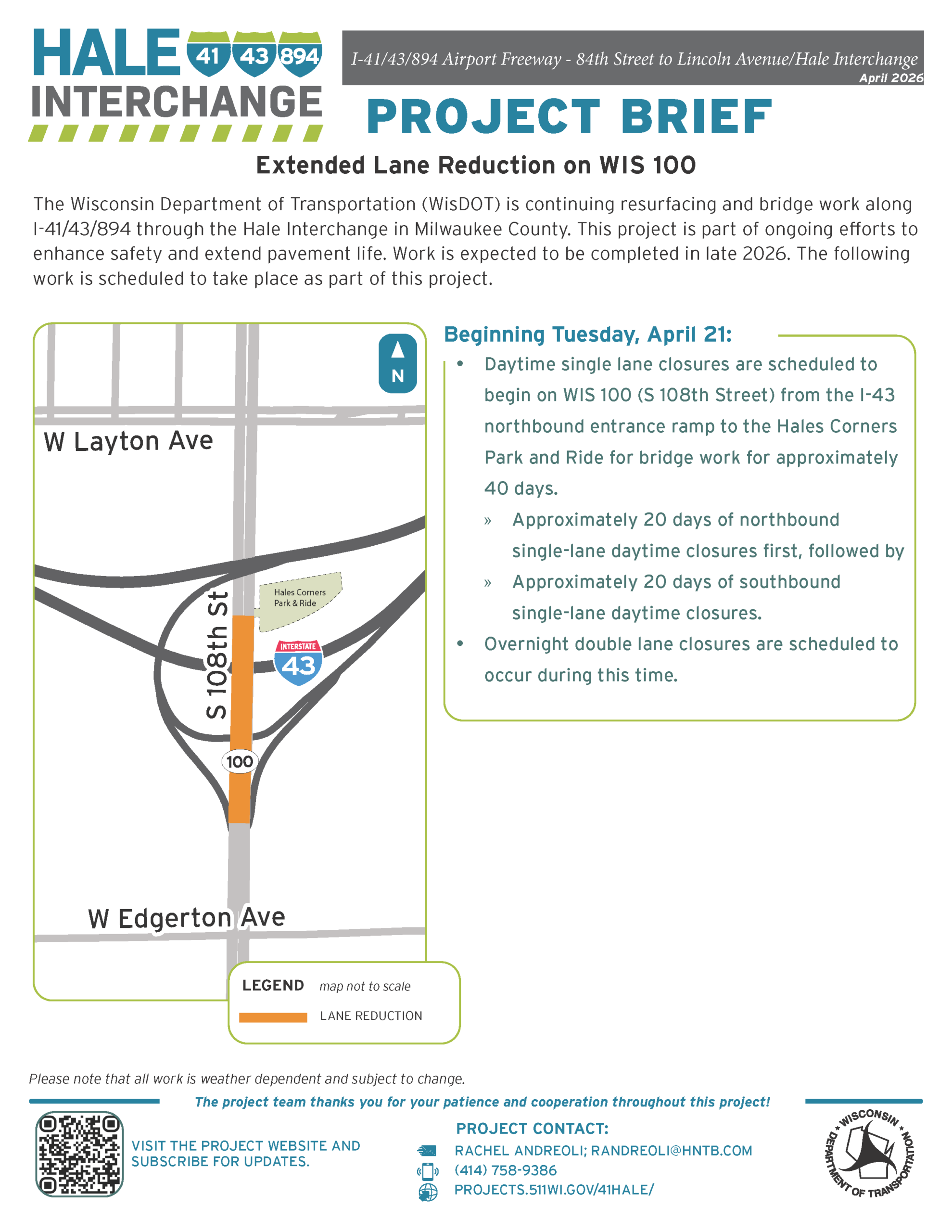 April 20: Upcoming lane closures on WIS 100