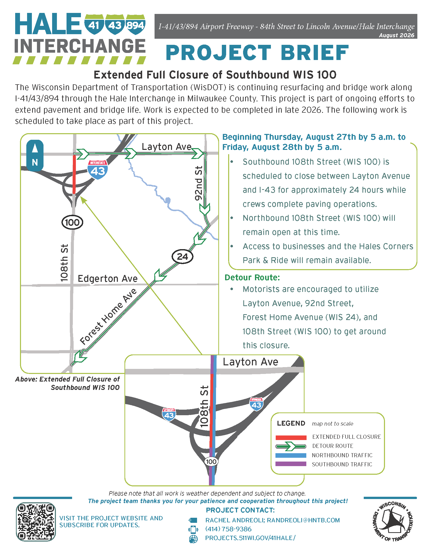 August 21: Upcoming overnight southbound WIS 100 closure