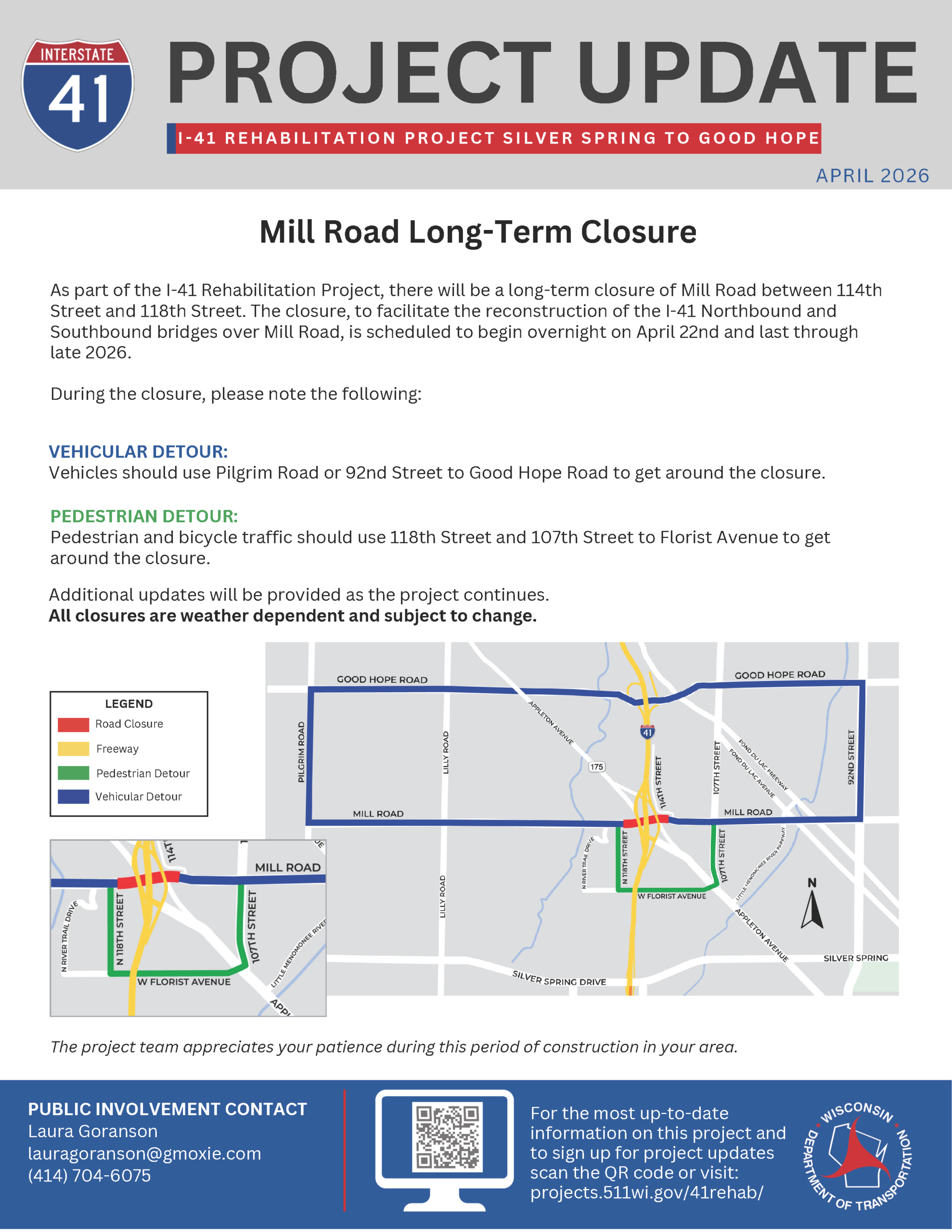 April 17: Mill Road closure under I-41