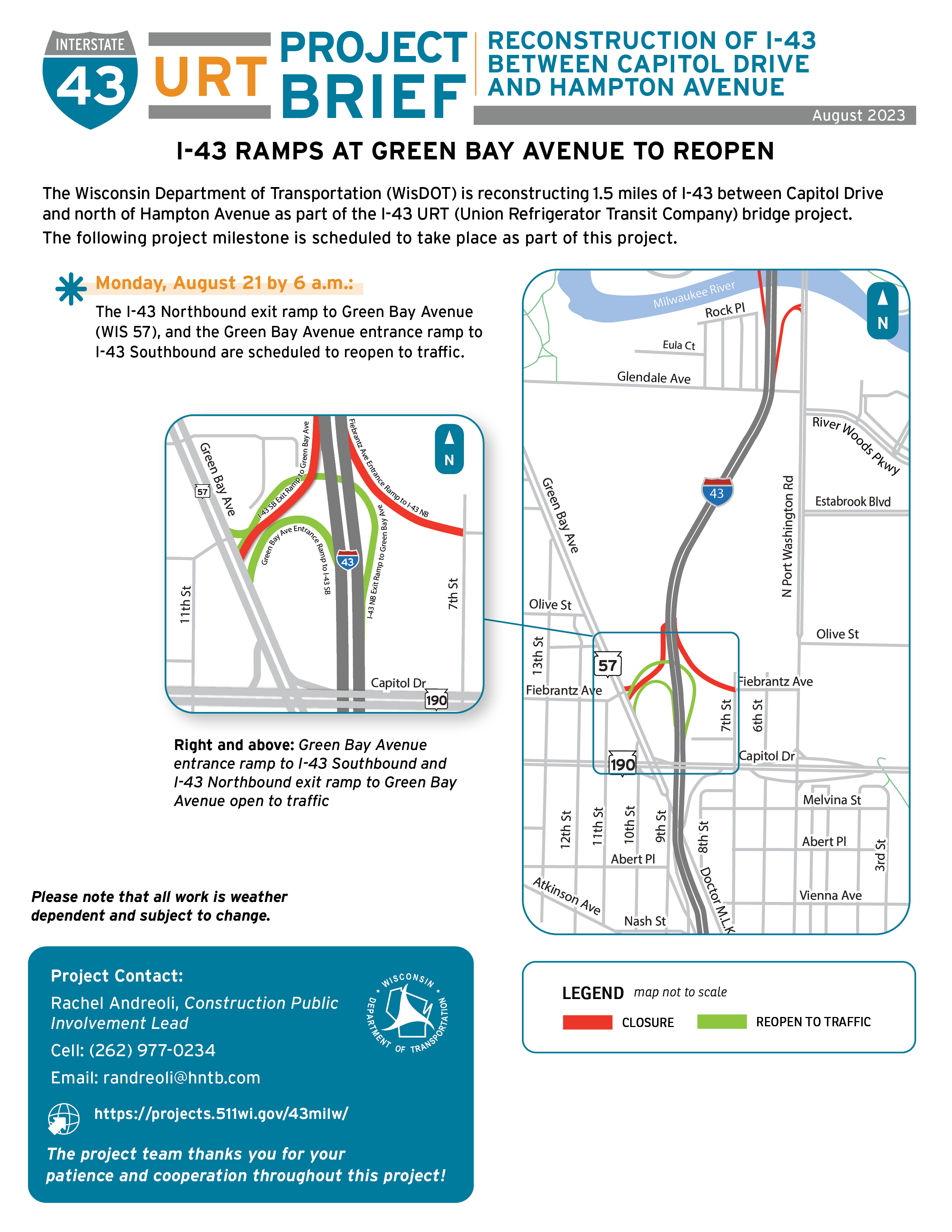 August 21, I-43 Ramps at Green Bay Avenue to Reopen