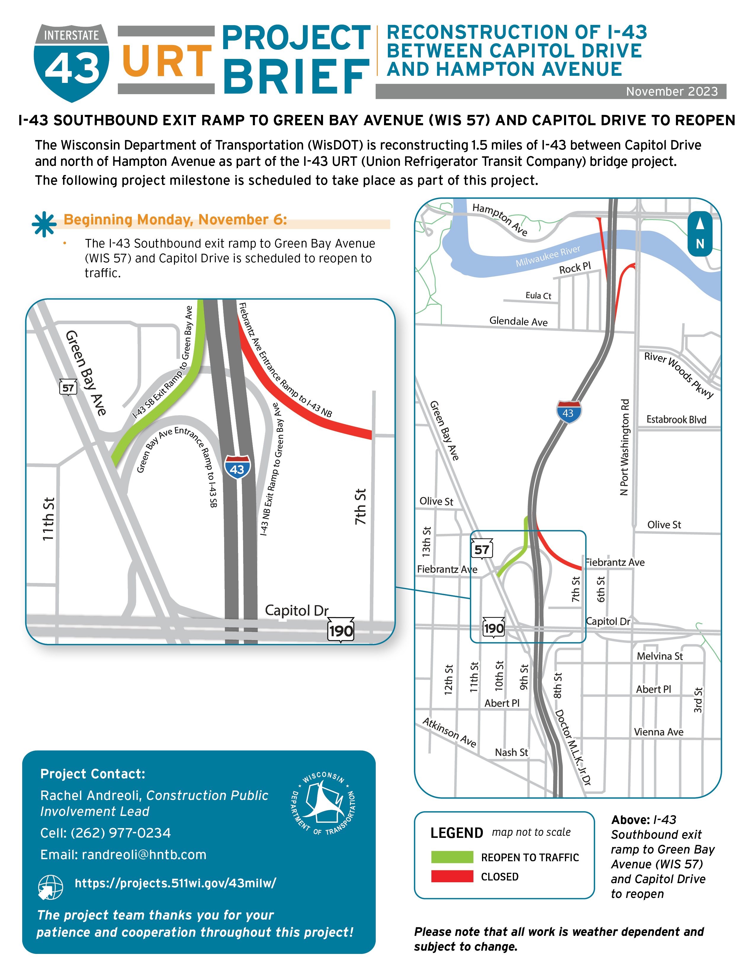 November 6, I-43 Southbound Exit to Green Bay Avenue (WIS 57) and Capitol Drive to Reopen