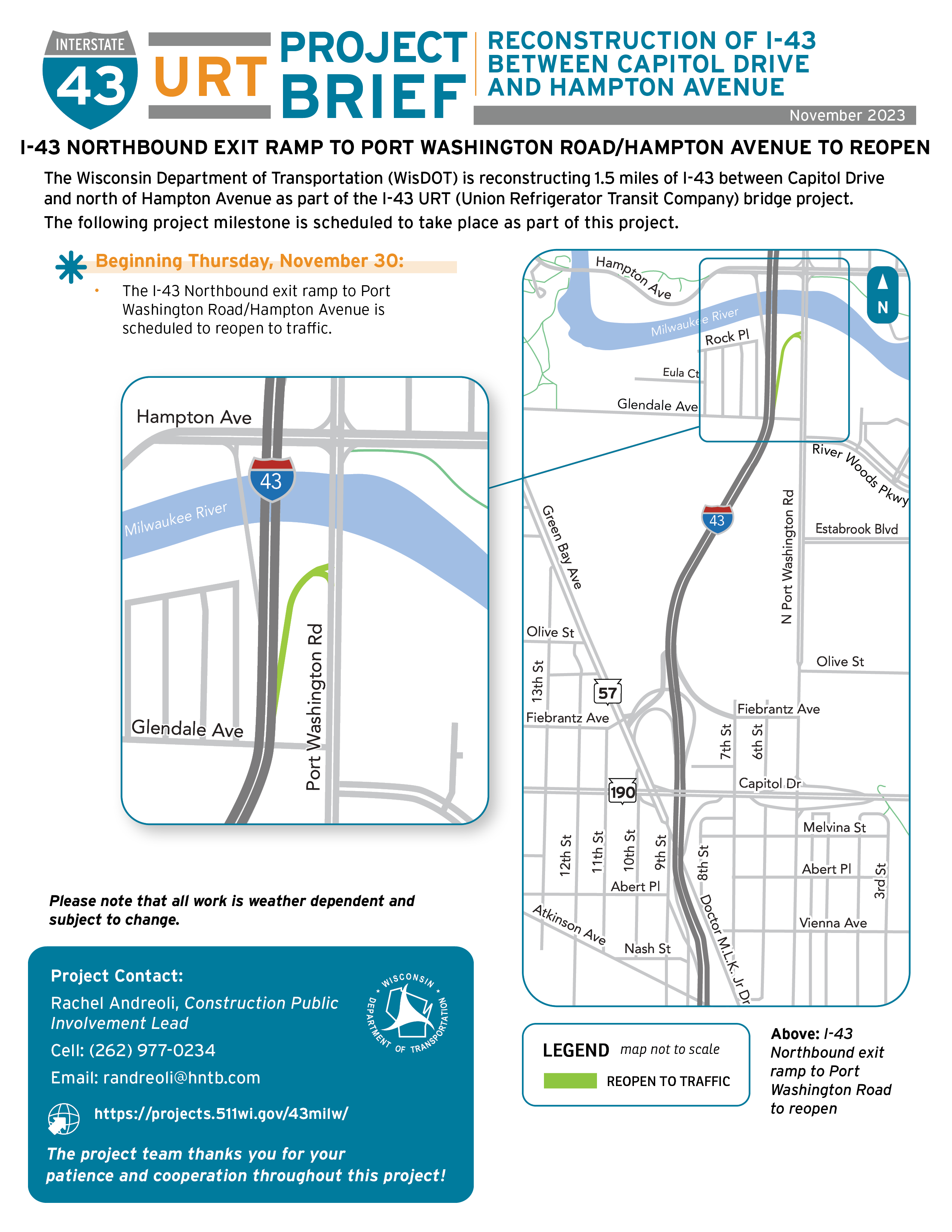 November 30, I-43 Northbound Exit to Port Washington Road/Hampton Avenue to Reopen