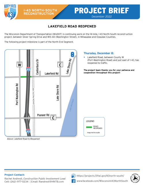 12/8 Lakefield Road Reopen I43 NORTHSOUTH (Glendale to Grafton)
