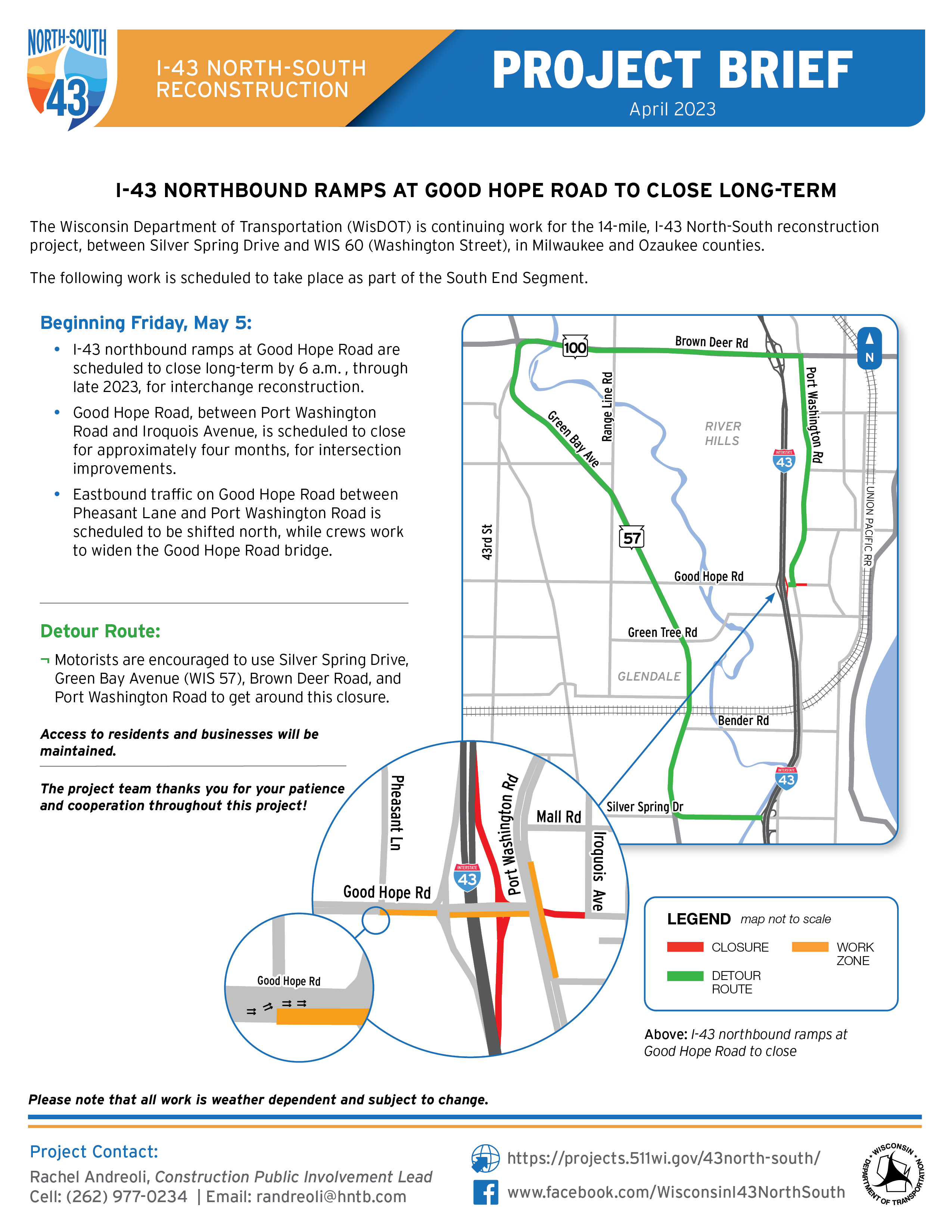 May 6, I-43 Northbound Ramps at Good Hope Road to Close Long-Term