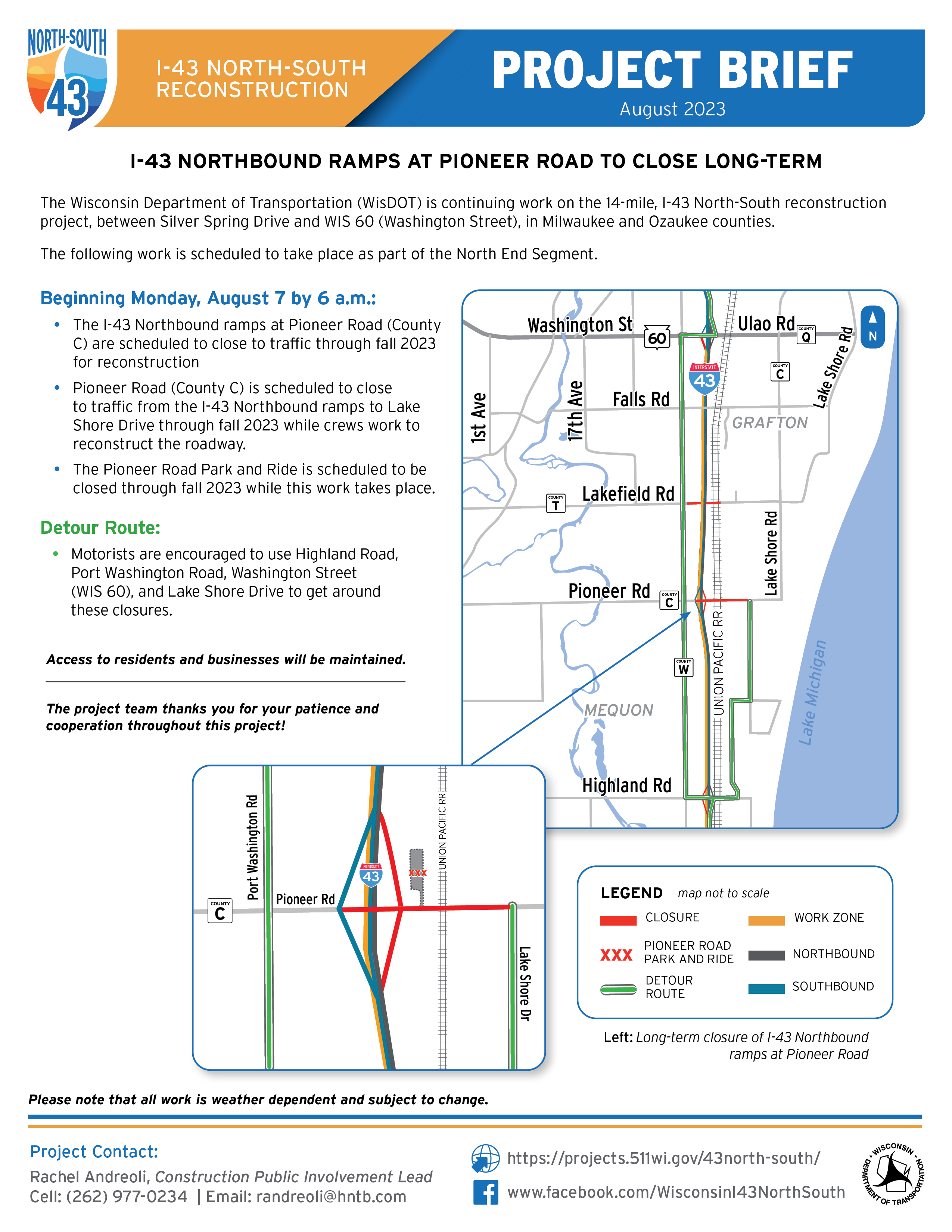 August 7, I-43 Northbound Ramps at Pioneer Road to Close Long-Term