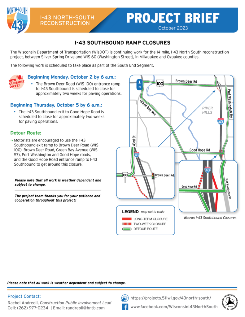 October 2, I-43 Southbound Ramp Closures