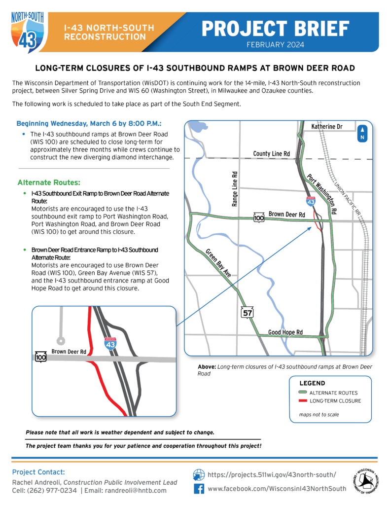March 6, I-43 Southbound Ramps at Brown Deer Road to Close Long-Term