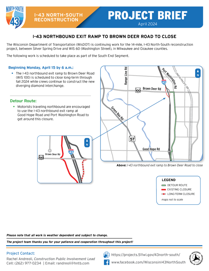 April 15, I-43 Northbound Exit to Brown Deer Road to Close Long-Term