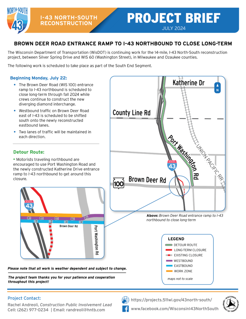 July 22, Brown Deer Road Entrance ramp to I-43 NB to Close Long-Term