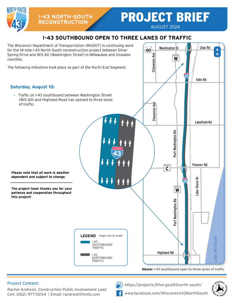 August 10, I-43 Southbound Open to Three Lanes