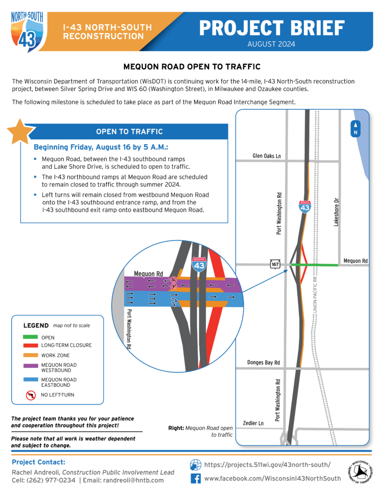 August 16, Mequon Road to Reopen