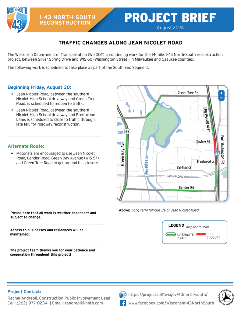 August 30, Traffic Changes along Jean Nicolet Road