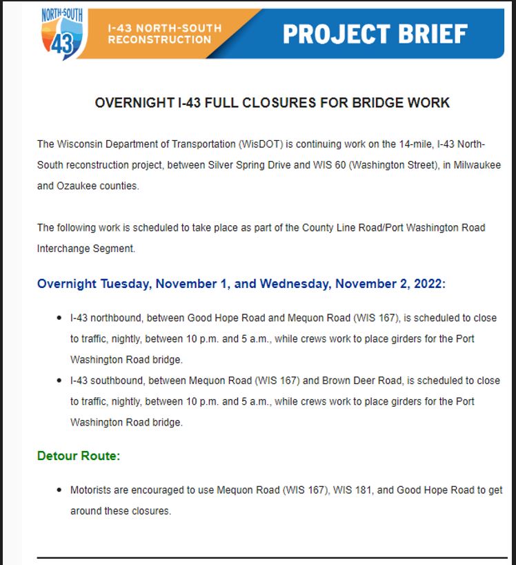 11/1-11/2: Overnight Full Closures of I-43