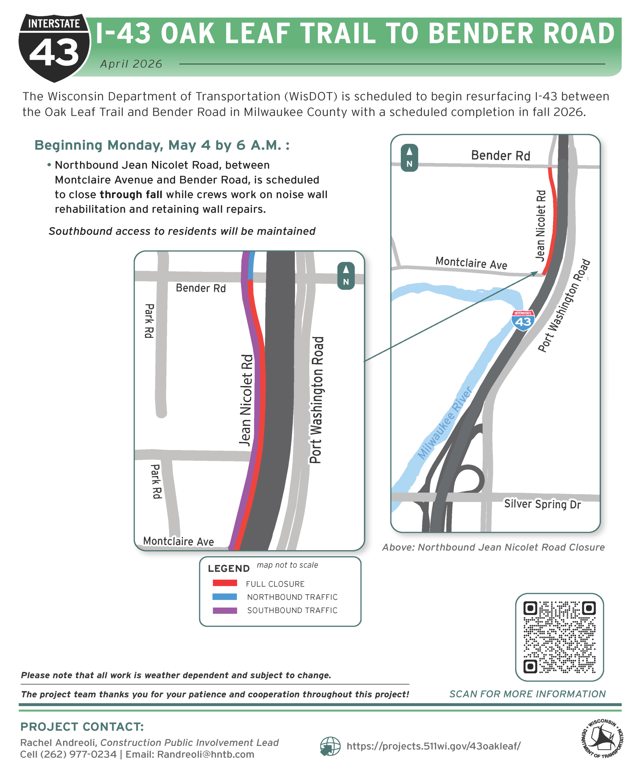 April 24: Northbound Jean Nicolet Road to close