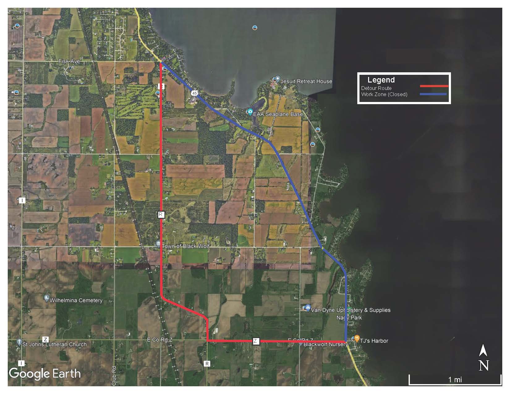  Closure of US 45 between County R and County Z to replace existing cattle pass with culvert pipe. Detour route will follow County R to County Z