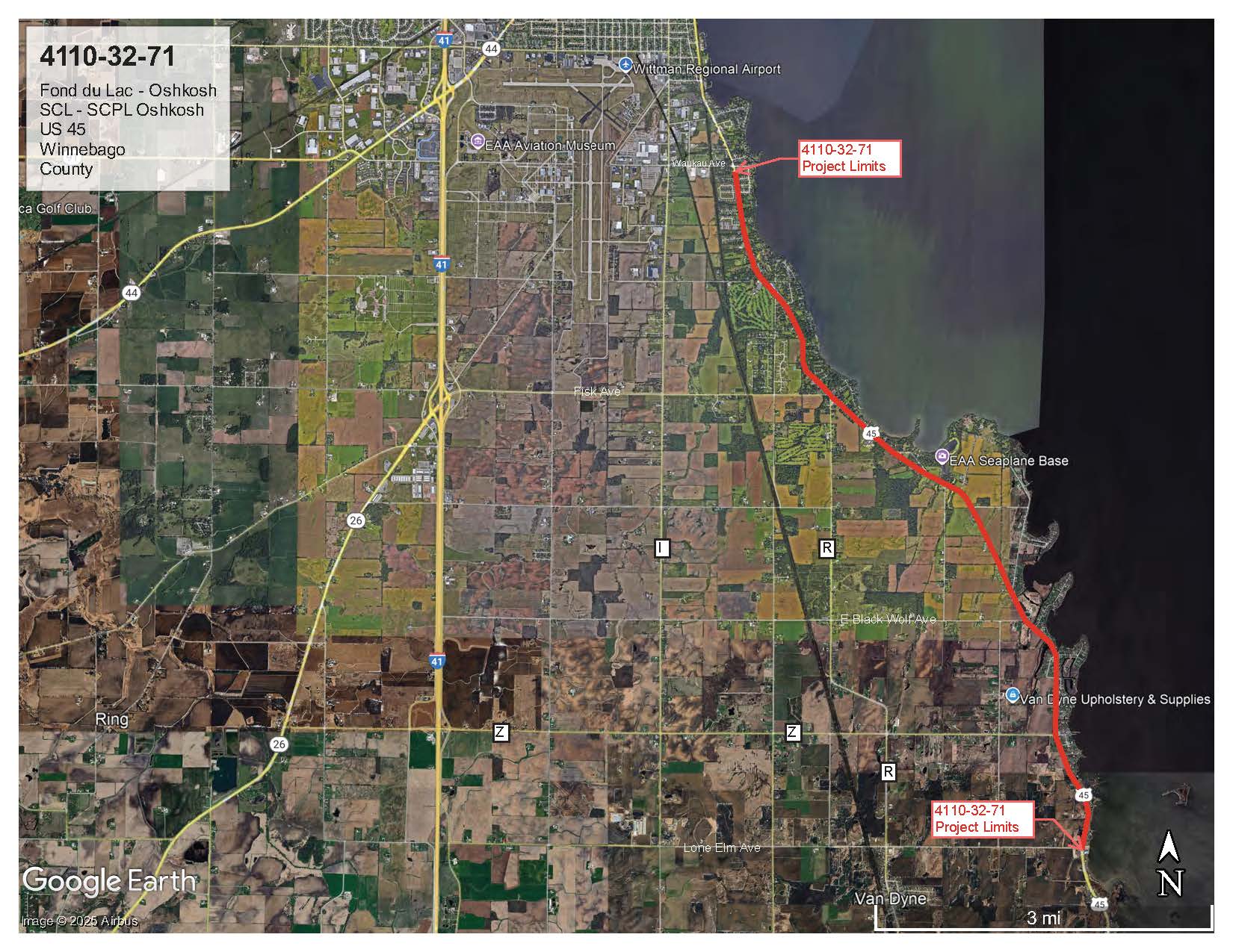 Project will take place on US 45 from the south Winnebago county line to the south Oshkosh city limits within the town of Black Wolf.