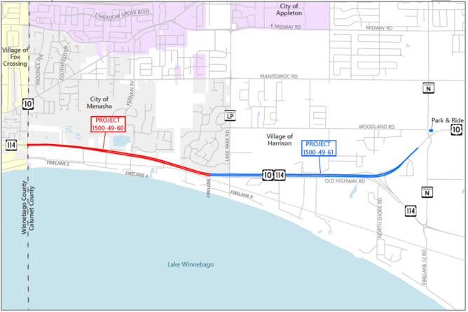 The project is located on US 10 between WIS 114 in the city of Menasha and County N in the village of Harrison, Calumet County, Wis.