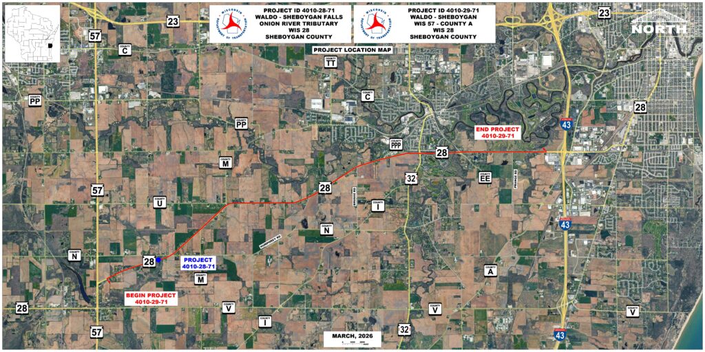Map of project limits for reconstruction of WIS 28 in Sheboygan County